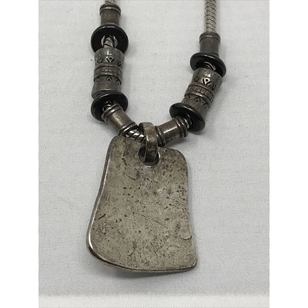 CHICO'S Pendant Necklace Hammered Silver Tone Metal Trapezoid w Black Oval